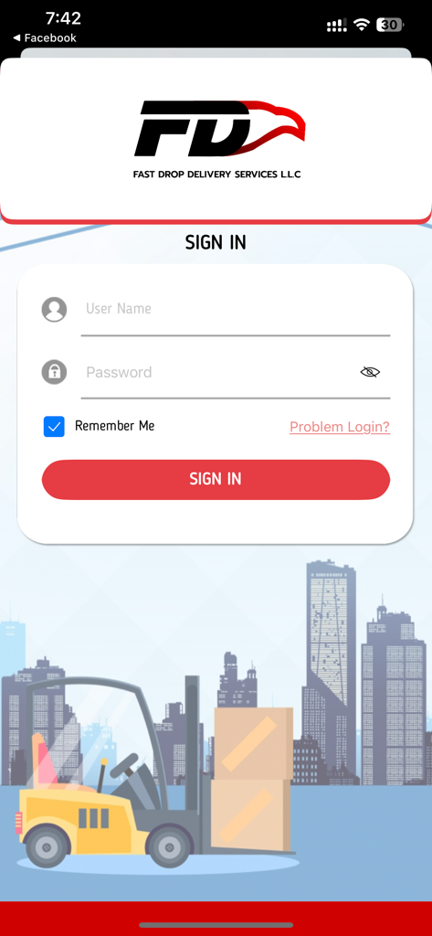 Pantalla de inicio de sesión para la aplicación Fast Drop Shipper con campos para ingresar credenciales de usuario y el logotipo de la empresa