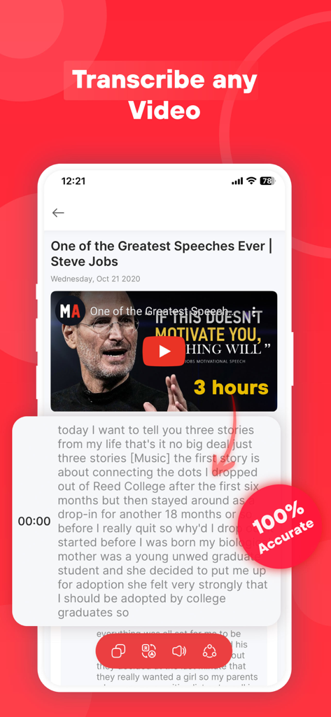 AI Video Summarizer Tool - Interfaz de la aplicación móvil Summario que muestra una transcripción de video de alta precisión de un discurso