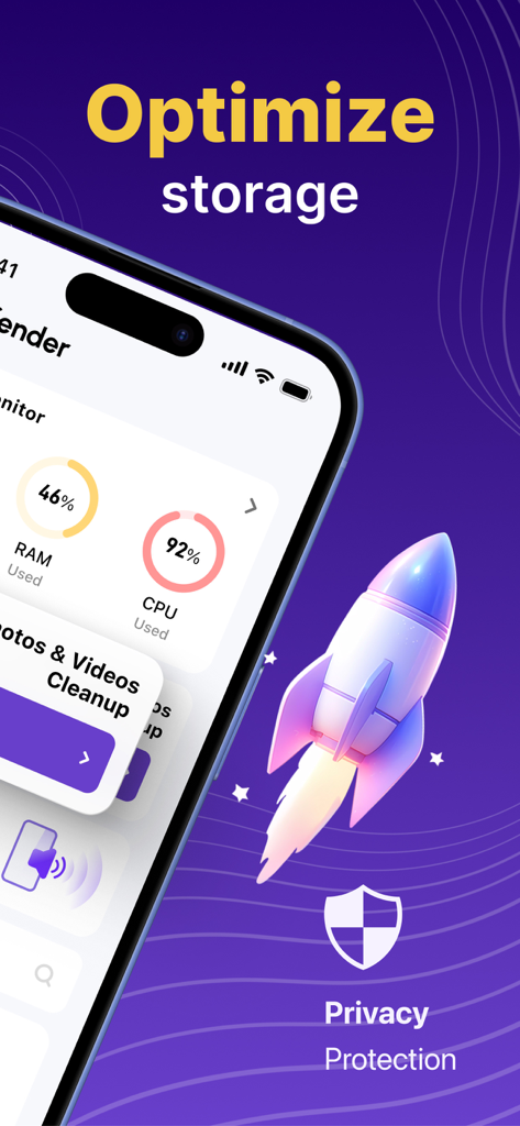 AI Defender - Phone Cleaner - AI Defender app interface showing RAM and CPU usage with storage optimization and privacy protection features