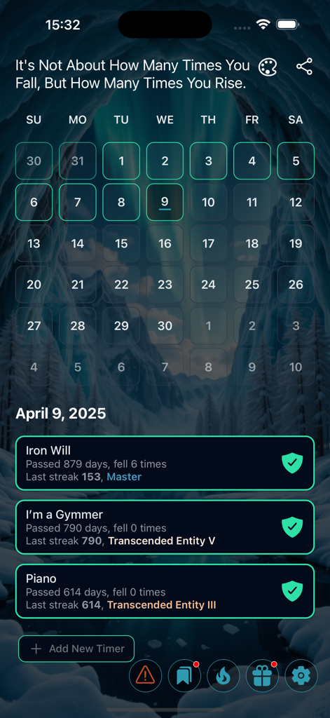 Screenshot of the Iron Will app dashboard showing a habit tracking calendar and progress streaks for multiple goals in dark mode