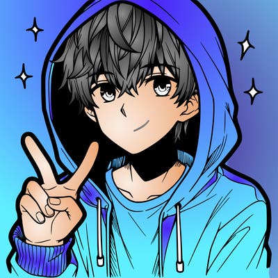 teenage manga boy in a hoodie, doing ✌