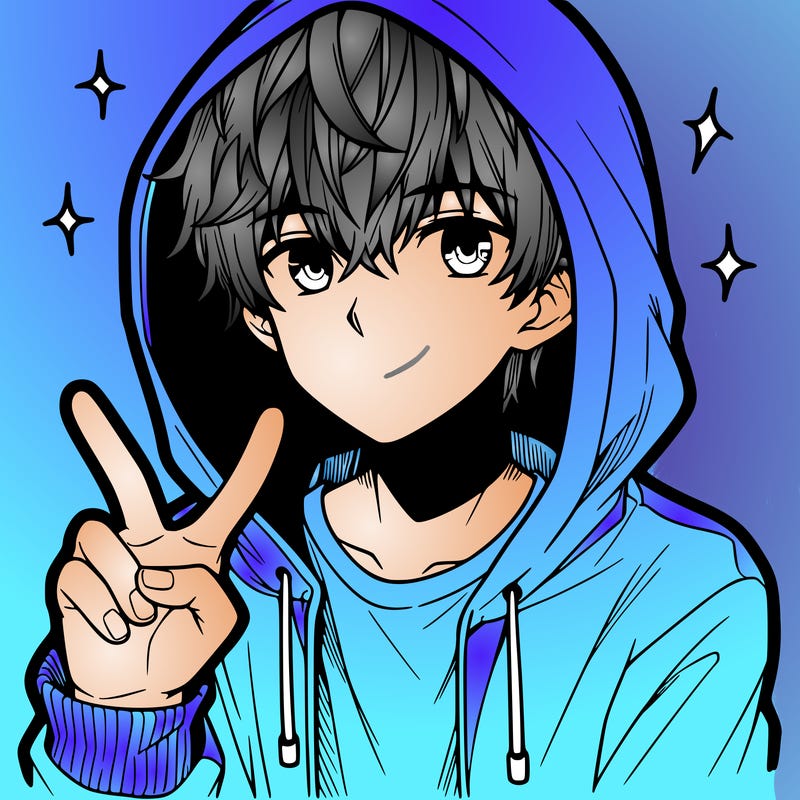 teenage manga boy in a hoodie, doing ✌