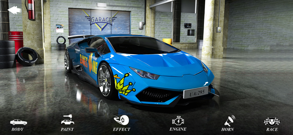 Drive Real Car Games - A blue sports car in a garage with customization menu options for body paint and engine upgrades