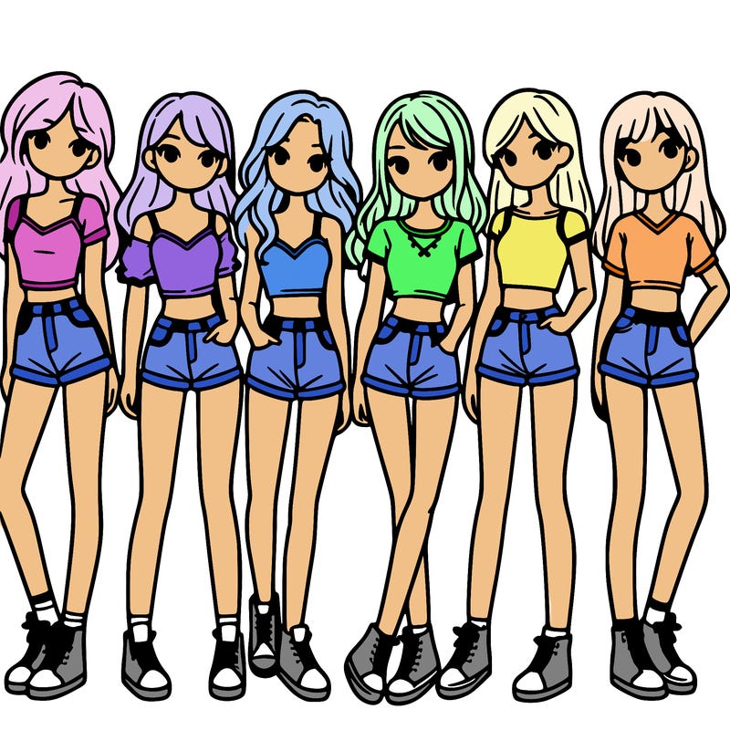 a group of girls wearing crop tops and shorts