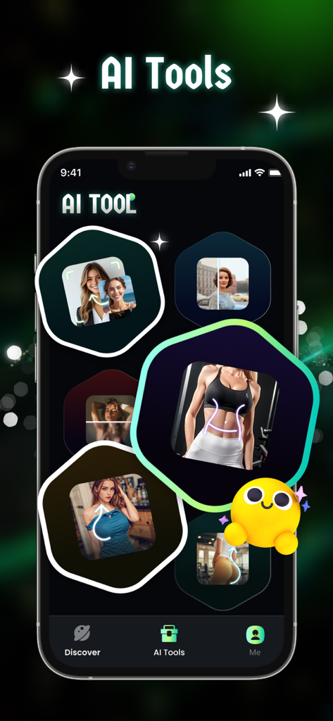 Vireel - AI Creative Studio - 写真の補正やレタッチのオプションを備えたVireelアプリのAIツールダッシュボードが表示されたスマートフォンの画面。
