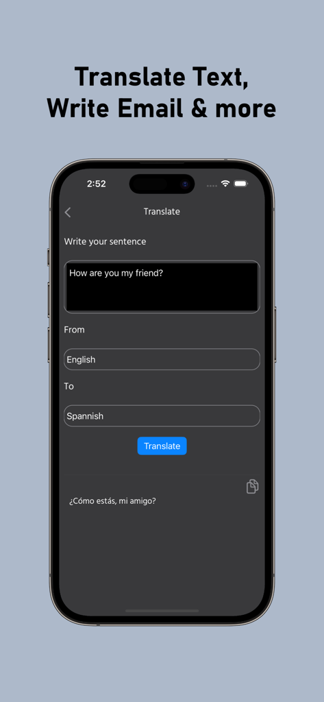 Interface do aplicativo Assistente de Escrita de IA traduzindo uma frase do inglês para o espanhol.