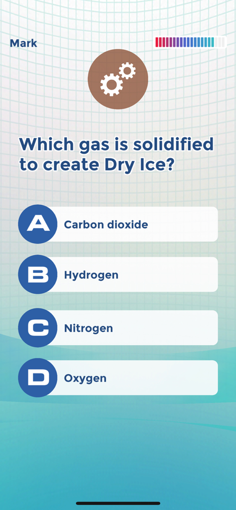 Trivia: Knowledge Trainer Pro - A science trivia question in the Knowledge Trainer Pro app asking which gas is solidified to create dry ice with multiple choice answers