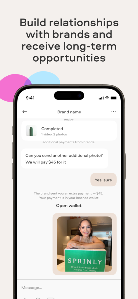 Insense: Brand Collabs - Insenseアプリ内での、ブランドとコンテンツクリエイターのチャットおよび支払い確認画面