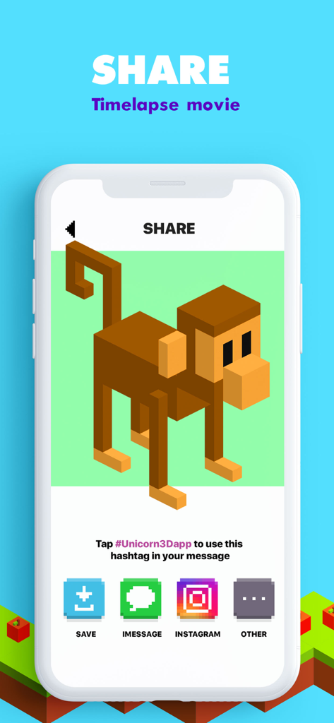 Share screen of the Unicorn 3D app featuring a completed voxel monkey artwork