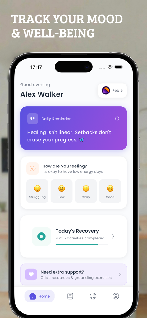 Interface d'une application mobile montrant les options de suivi d'humeur quotidien et de progression des soins personnels avec un design violet apaisant