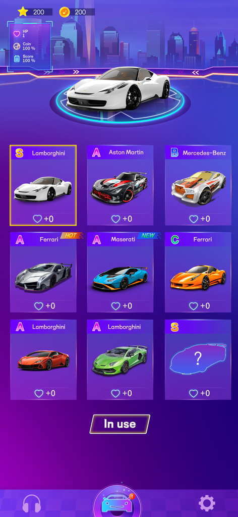 Beat Racing Car EDM - A car selection screen in the Beat Racing Car EDM game showing various sports cars and a neon city background