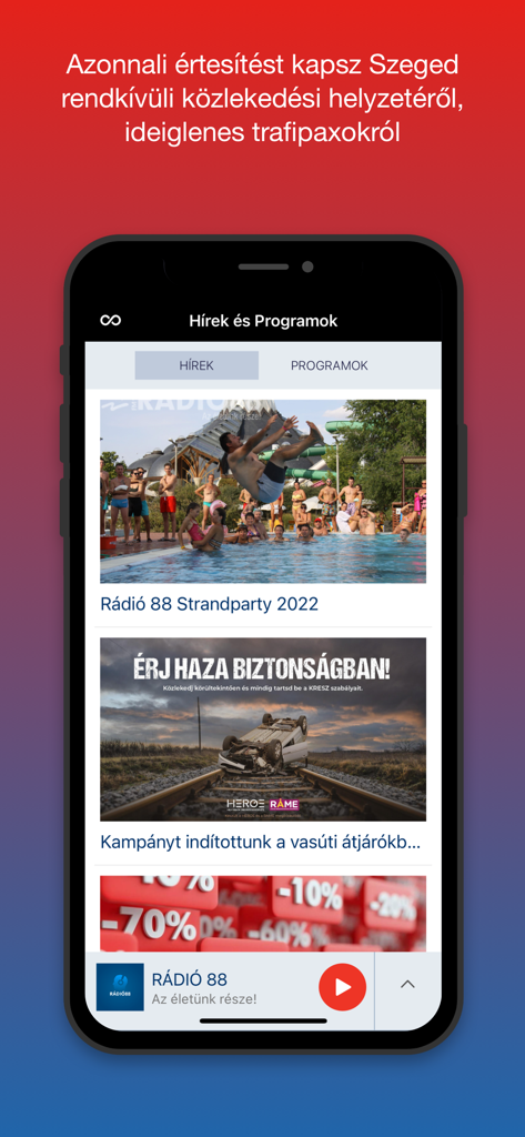 Rádió 88 Szeged - Rádió 88 Szeged App Nachrichten- und Programm-Oberfläche mit lokalen Veranstaltungen und Kampagnen.