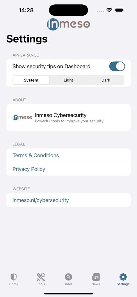 Cybersecurity - Écran des paramètres de l'application mobile Cybersecurity affichant les préférences de thème et les informations légales
