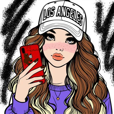 realistic beautiful girl wearing los ángeles cap holding an iphone