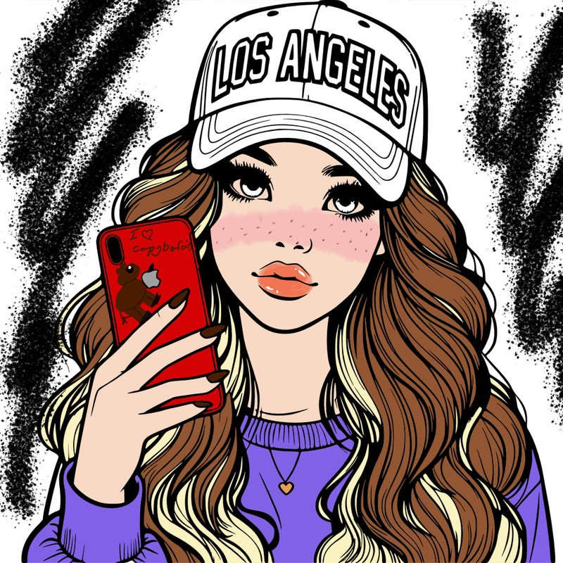 realistic beautiful girl wearing los ángeles cap holding an iphone