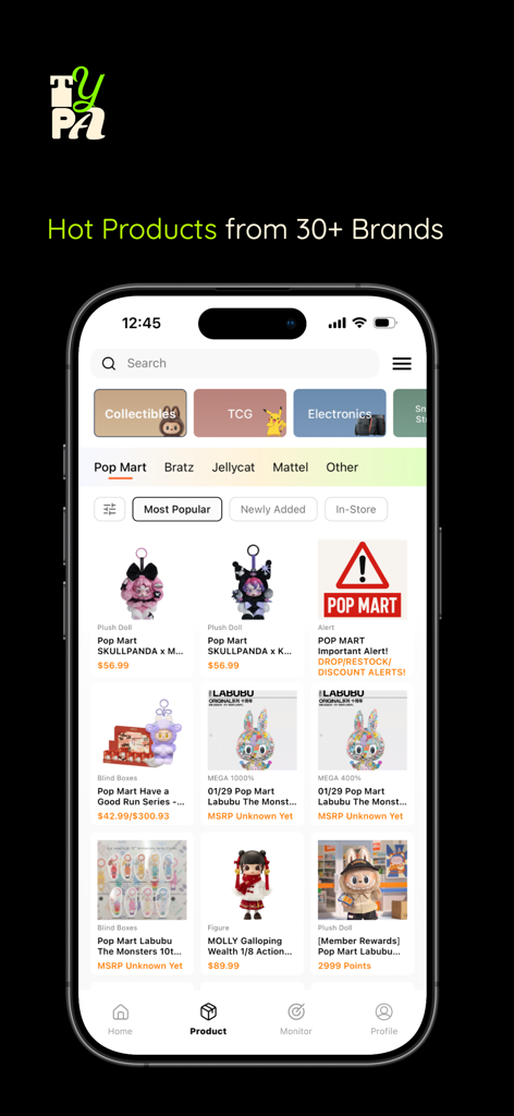 TYPA - Restock Alerts - TYPA app interface showing hot product restocks from major collectible brands