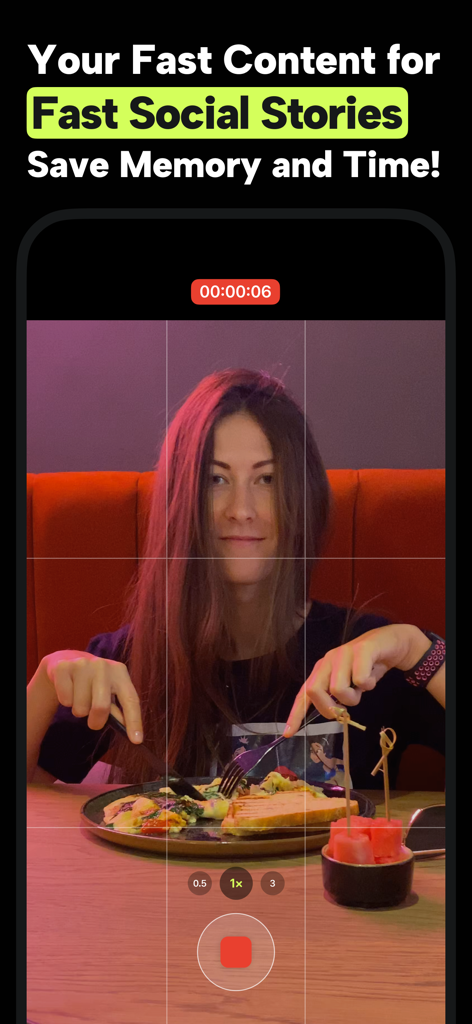 Hyperlapse Timelapse Video Cam - Une femme enregistre un repas pour une story sur les réseaux sociaux en utilisant l'interface de l'application Hyperlapse montrant les contrôles de vitesse et d'enregistrement