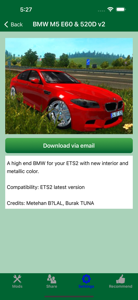 ETS2 - DLC, Mods & Addons - A red BMW car mod preview for Euro Truck Simulator 2 showing download details