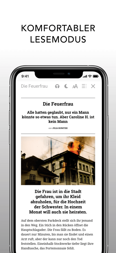 L'interfaccia dell'app stern Crime che mostra la modalità di lettura con un articolo di vera criminalità su una donna pompiere.