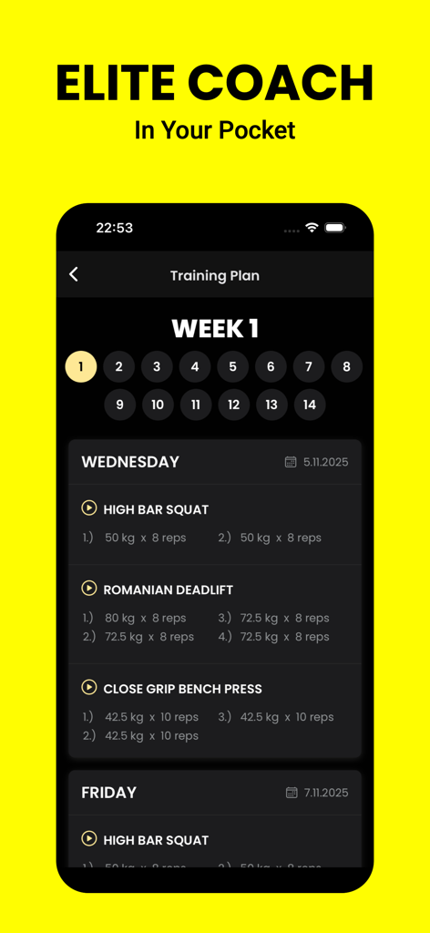 Strength Coach AI: Workout Log - Strength Coach AI training plan interface showing a powerlifting workout log with squats and deadlifts.