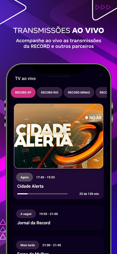 RecordPlus - Screenshot of the RecordPlus app showing live TV transmissions and daily programming schedule from Record TV