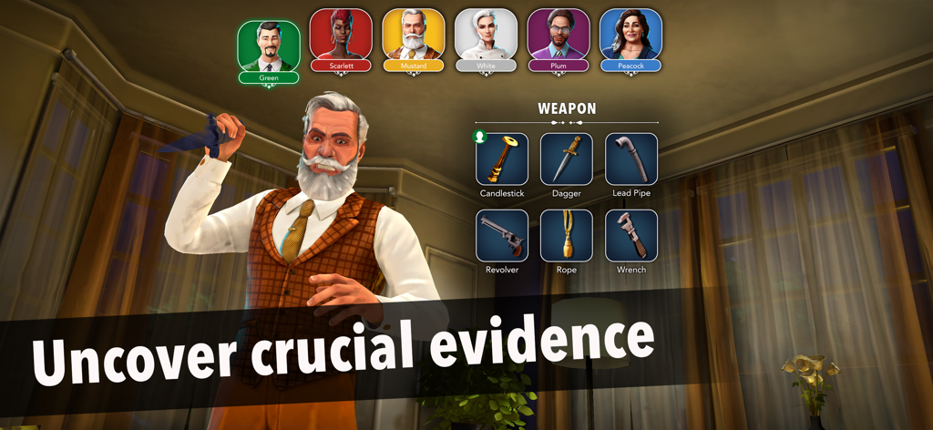Clue - Colonel Mustard holding a dagger in the weapon selection screen of the Clue digital board game.