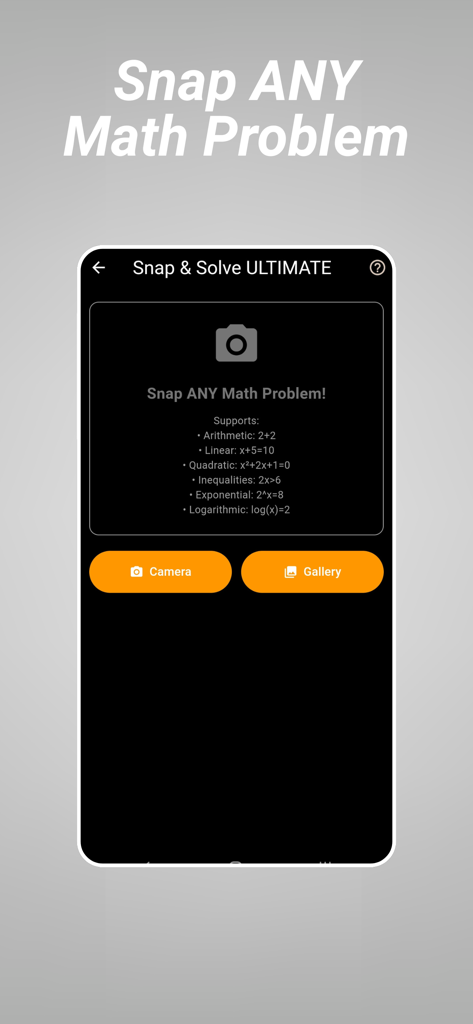 Calculator+ Pro & Math Solver - Interfaz de la función Capturar y Resolver en la aplicación Calculator Plus Pro para escanear problemas matemáticos con una cámara o galería