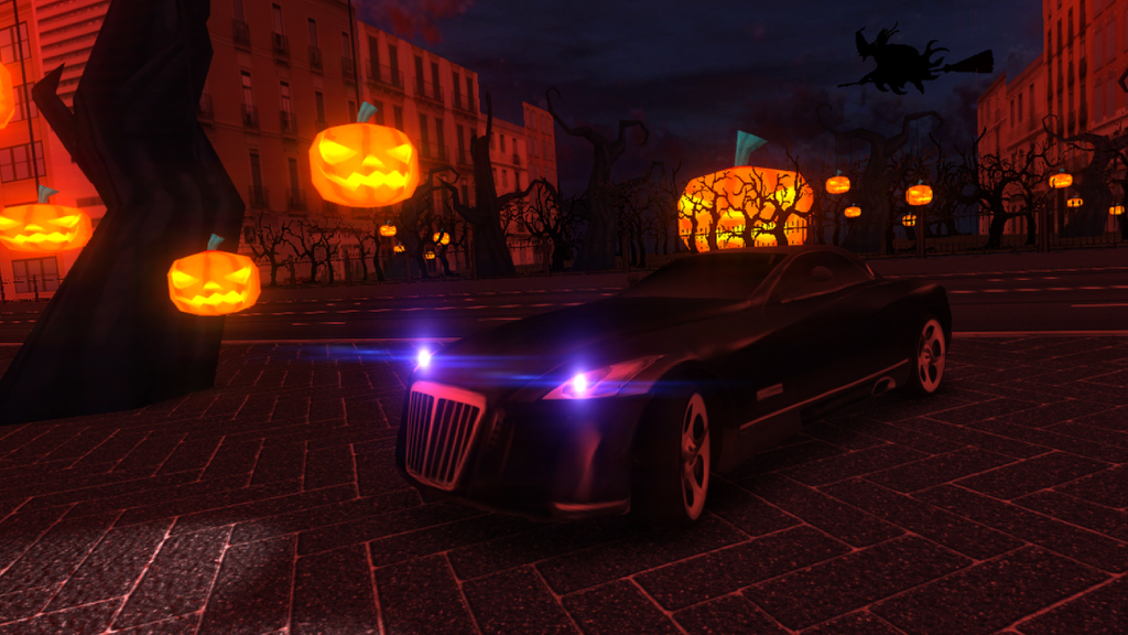 Car Parking free - The Real Driving Experience - Un coche de lujo conduciendo por un nivel nocturno espeluznante con calabazas brillantes en Car Parking free.
