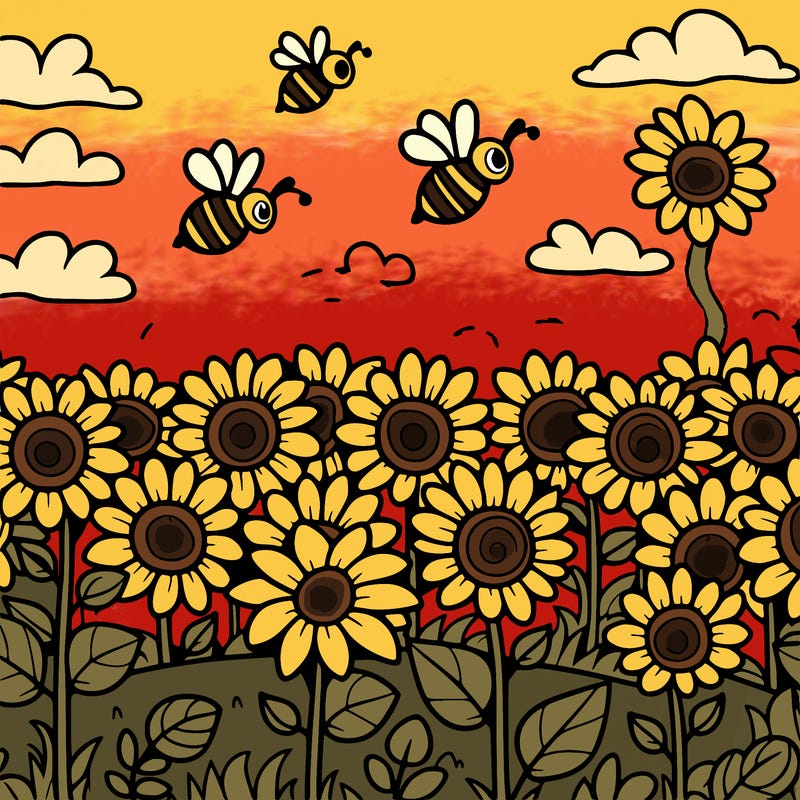 a field of sunflowers with bees buzzing
