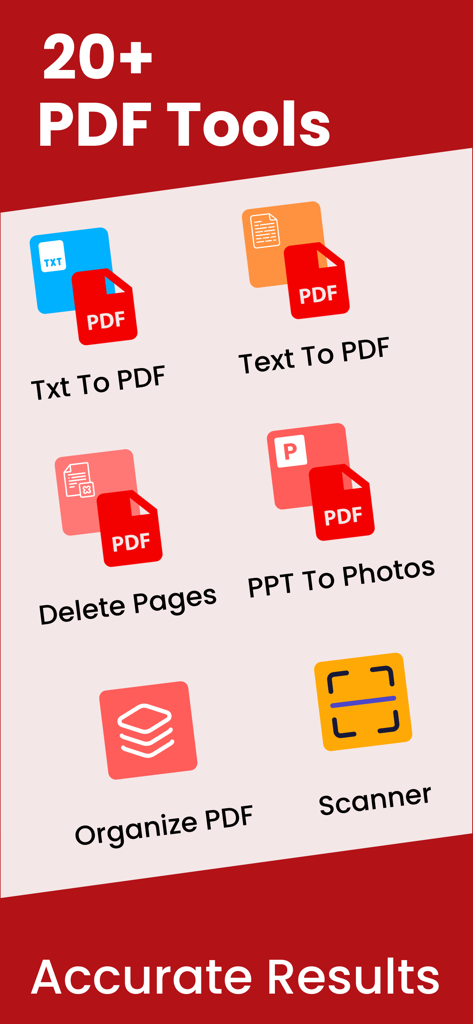 PDF Merge - Combine & Join PDF - Mobile app interface showing various PDF tools including text conversion, page deletion, document scanning, and file organization.