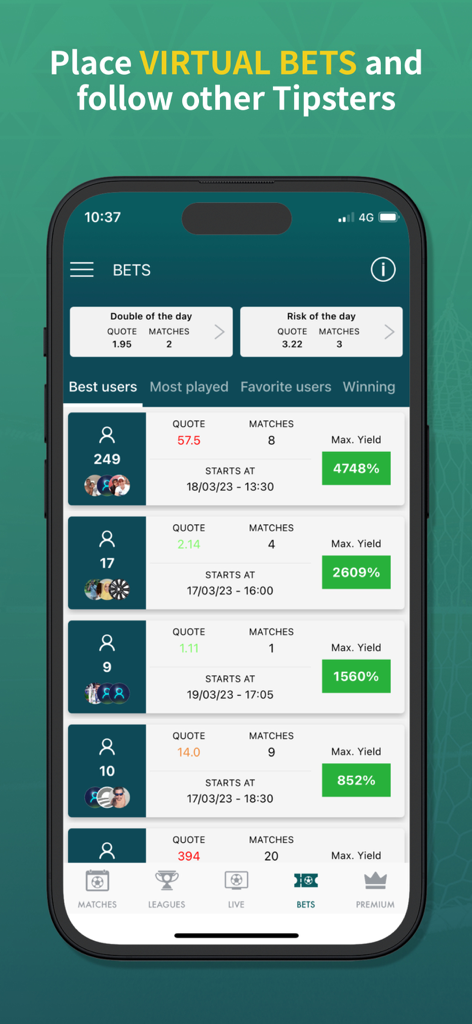 Leaderboard of top tipsters in the BetMines app showing virtual betting stats and yield percentages