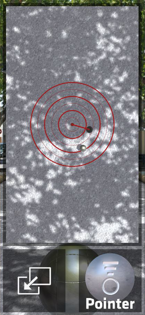 La pétanque - Top-down view of a petanque pitch with a red target pointer in the La petanque app