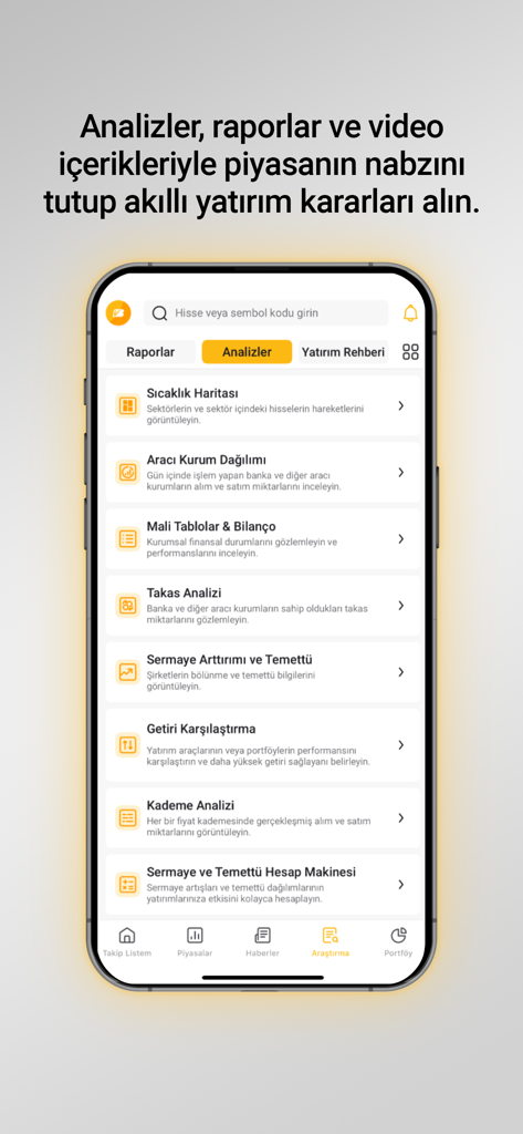 Tela do aplicativo TradeOnline mostrando ferramentas e relatórios de análise de investimento