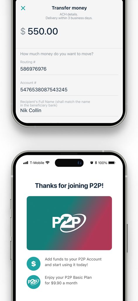 Interface of the P2P Finance app showing a money transfer form and a welcome message for new users