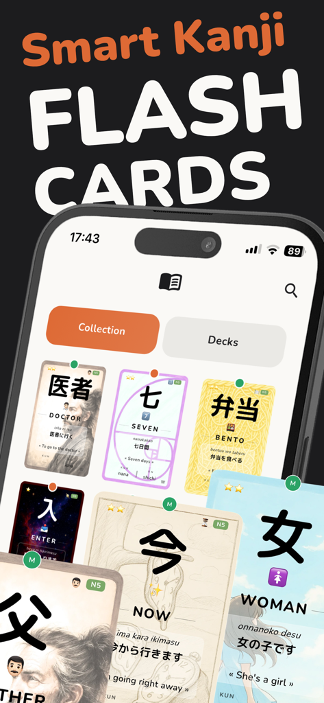 Kanjidon - Kanji Flashcards - Interfaz de la aplicación Kanjidon mostrando tarjetas de kanji japonesas coleccionables en un diseño de cuadrícula