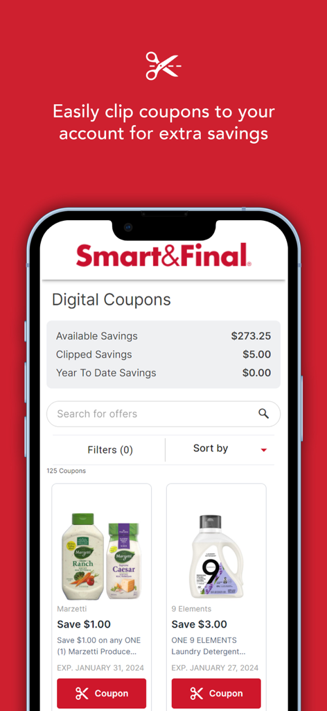 Smart and Final app digital coupons interface showing savings options and clippable offers for household goods