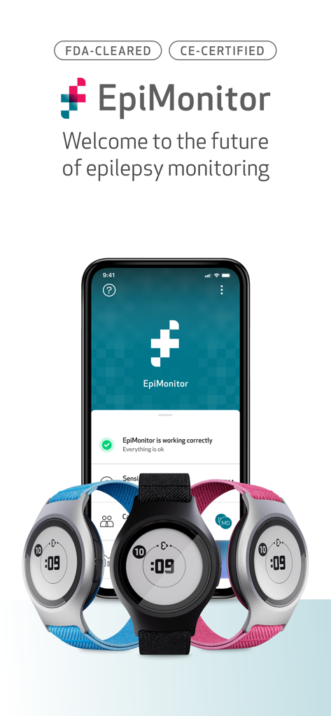 EpiMonitor-App auf einem Smartphone angezeigt mit blauen, schwarzen und pinken EmbracePlus-Smartwatches