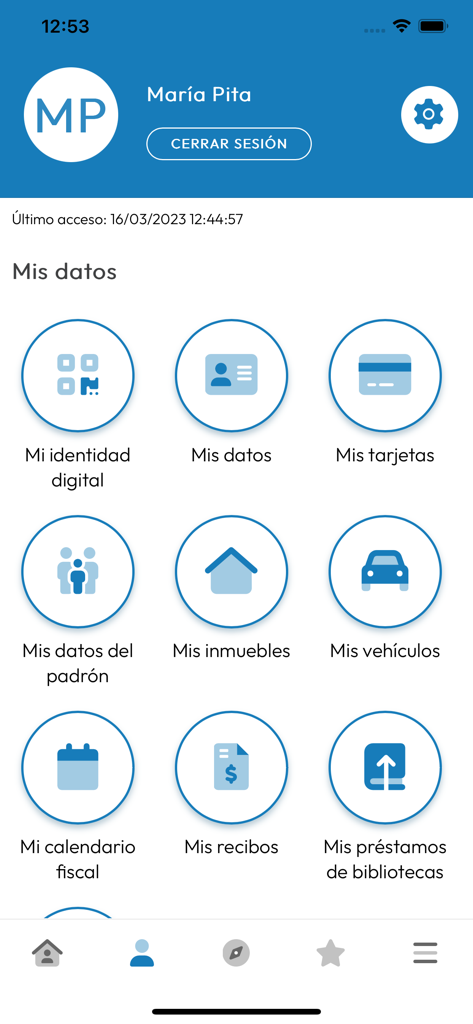 App Coruña - Tela de perfil de usuário no aplicativo municipal App Coruna exibindo ícones para registros de propriedade de identidade digital e serviços fiscais