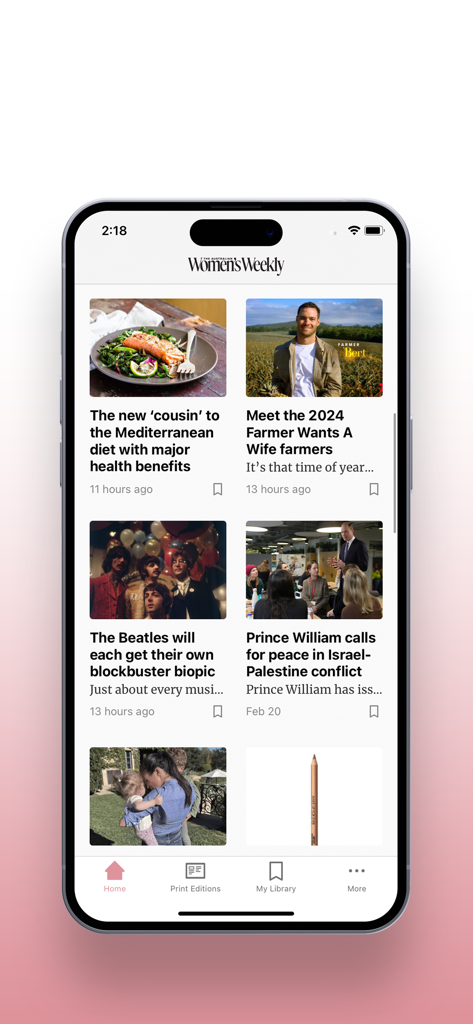 The Australian Women's Weekly - オーストラリアン・ウィメンズ・ウィークリーのアプリのホーム画面。健康とセレブリティのニュース記事が特集されています。