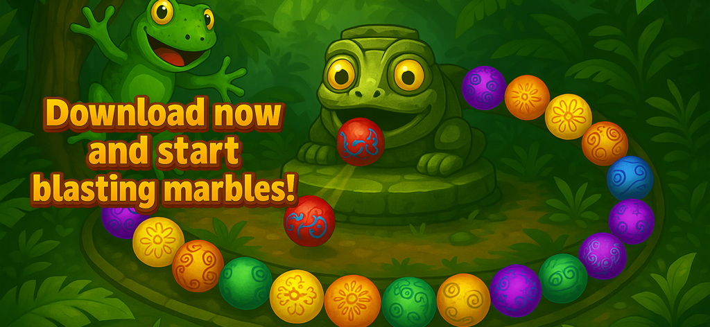 A stone frog shooting colorful marbles in a jungle themed puzzle game