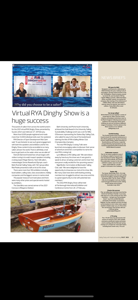 Artigo no aplicativo Yachts and Yachting cobrindo o RYA Dinghy Show Virtual.