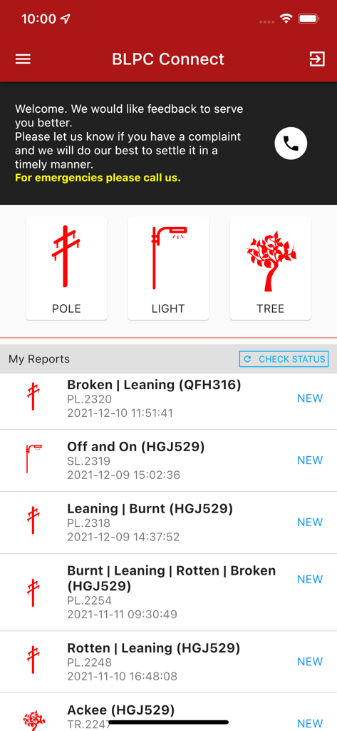BLPC Connect - BLPC Connect app interface showing categories to report issues for poles lights and trees with a list of recent utility reports