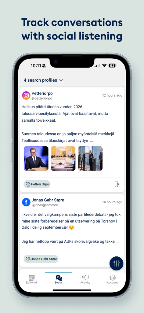 Retriever | Media Monitoring - Interface of the Retriever app showing a social listening feed with monitored Instagram and Facebook posts