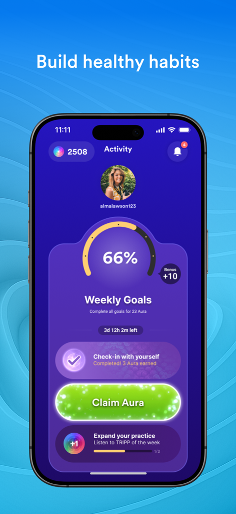 Das Aktivitäts-Dashboard der TRIPP-App zeigt den Fortschritt der wöchentlichen Wellness-Ziele und Aura-Punkte an.