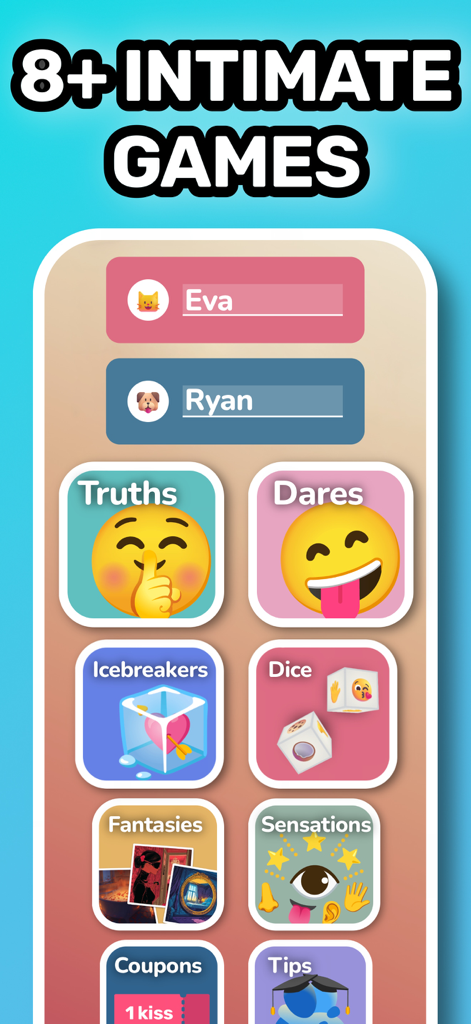 9 Games for Couples or Dates - La pantalla de selección de la app Pulse con varios juegos para parejas, incluyendo verdades y retos