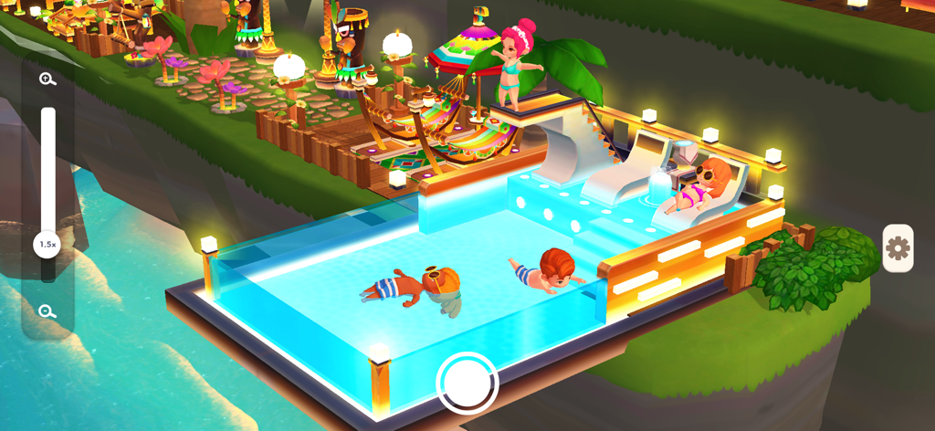 My Little Paradise: Island Sim - Personajes Chibi relajándose en una lujosa piscina infinita en un resort tropical por la noche