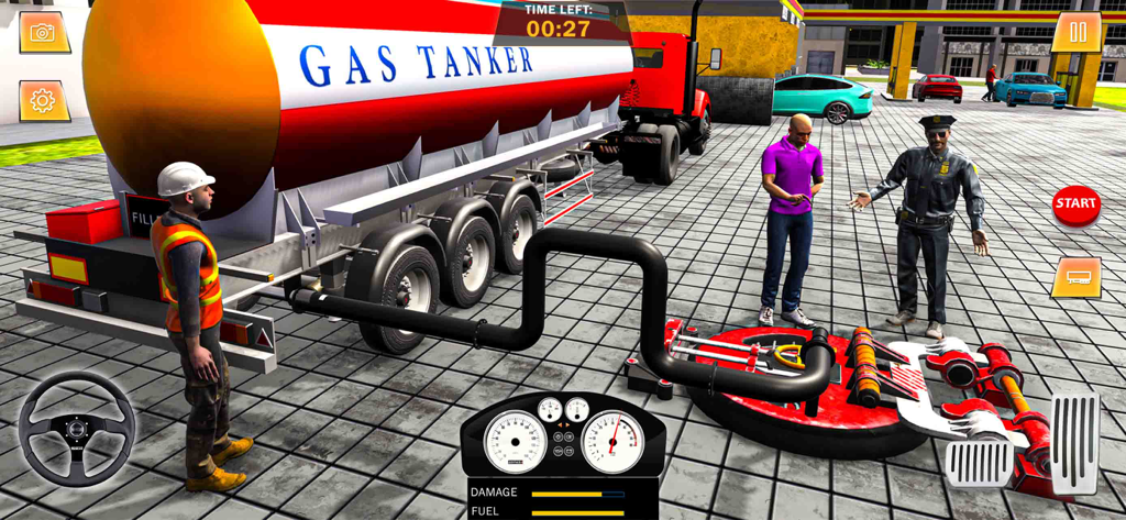 Gas Station Junkyard Sim Game - Un camión cisterna de gas descargando combustible en una estación con trabajadores y un oficial de policía en el simulador 3D