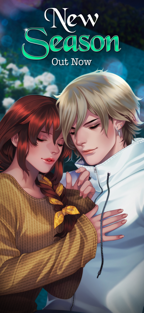 Romantic embrace between the protagonist and Drogo announcing a new season for the vampire romance game