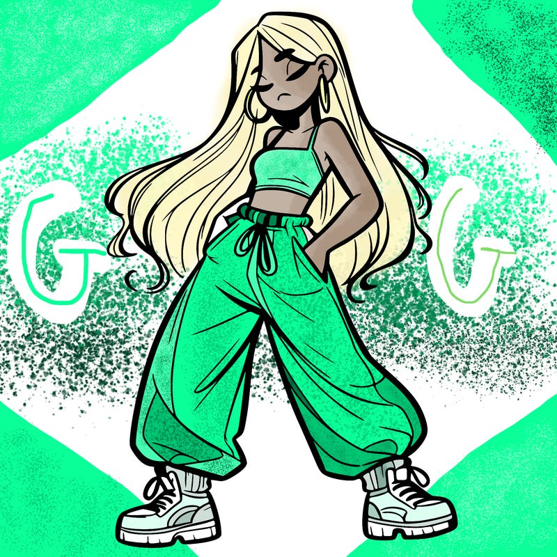 girl in baggy pants crop top and long hair