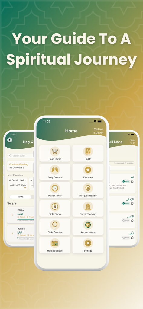 Ikra: Quran, Prayer and Dhikr - Ikraアプリのホーム画面。クルアーン、祈りの時間、スピリチュアルジャーニーガイドの機能が表示されています。